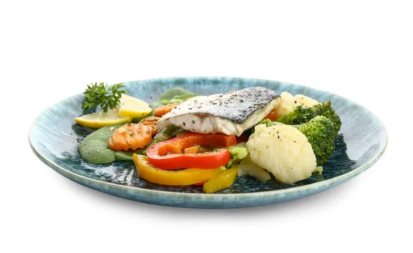 Plate Tasty Sea Bass Fish Vegetables White Background — Stock Photo, Image