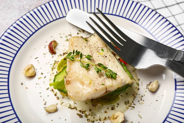 Plate Delicious Sea Bass Fish Table Closeup — Stock Photo, Image