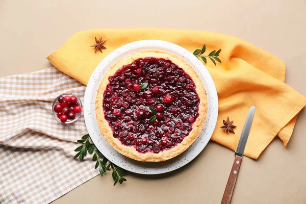 Plate Delicious Lingonberry Pie Color Background — Stock Photo, Image