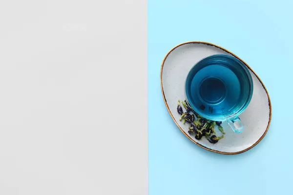 Glass Cup Organic Blue Tea Dried Flowers Color Background — Stock Photo, Image