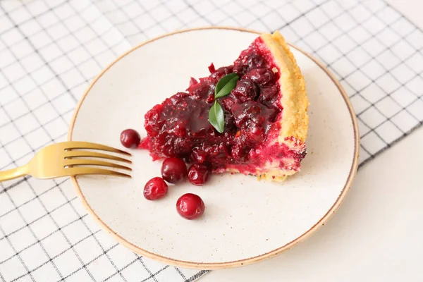 Plate Piece Tasty Lingonberry Pie Light Background Closeup — Stock Photo, Image