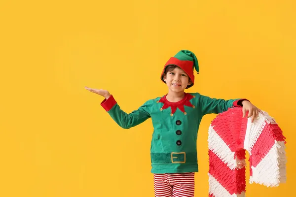 Cute Little Boy Dressed Elf Candy Cane Pinata Showing Something — Stock Photo, Image