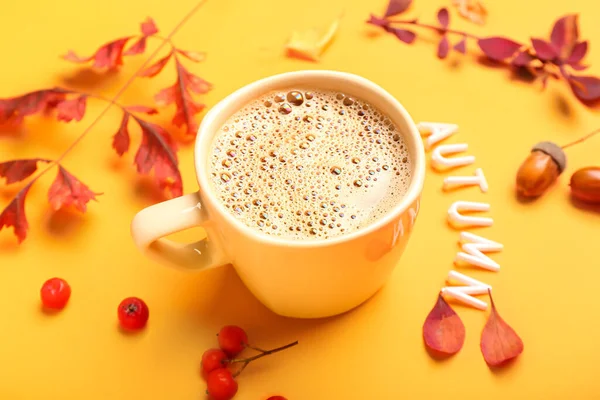 Herfst Compositie Met Kopje Koffie Tekst Autumn Kleur Achtergrond — Stockfoto