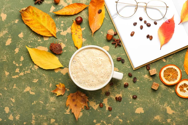 Autumn Composition Cup Coffee Color Grunge Background — Stock Photo, Image