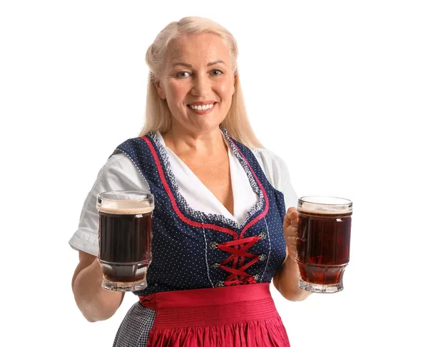 Adorable Oktoberfest Waitress Holding Mugs Beer White Background — Stock Photo, Image