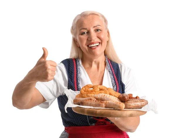 Adorable Oktoberfest Woman Holding Plate Food Showing Thumb White Background — Stock Photo, Image