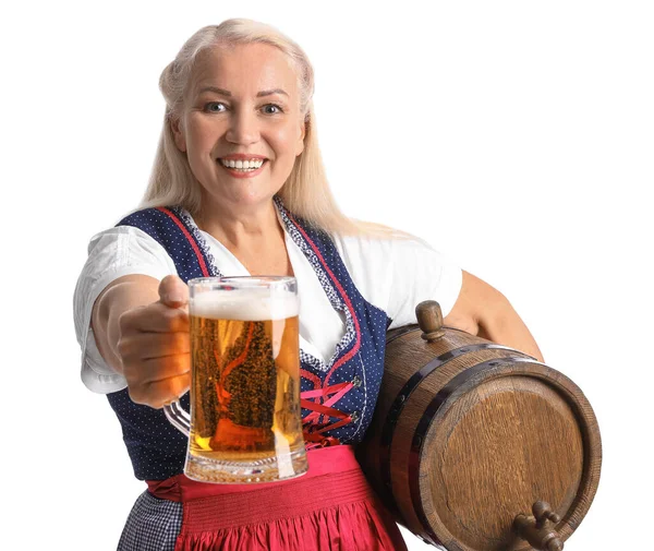 Adorável Garçonete Oktoberfest Segurando Barril Com Cerveja Fundo Branco — Fotografia de Stock