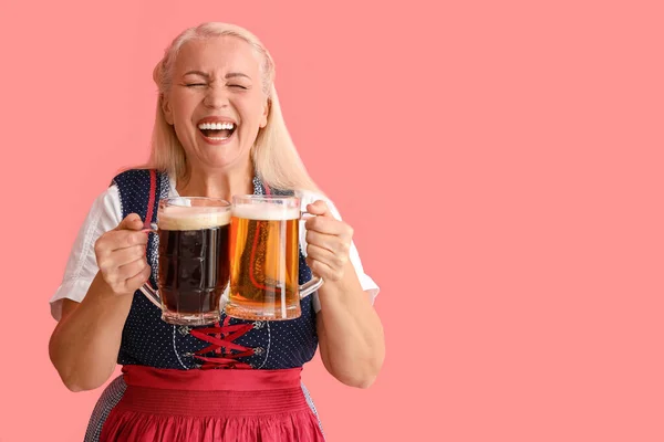 Adorable Oktoberfest Woman Laughing Beer Mugs Pink Background — Stock Photo, Image