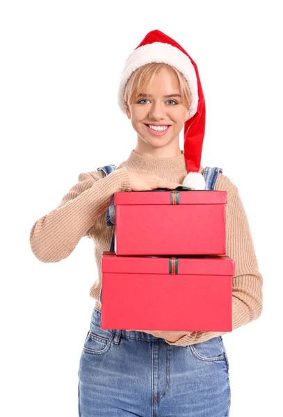 Beautiful Young Woman Santa Hat Christmas Gifts White Background — Stock Photo, Image