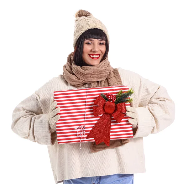 Beautiful Young Woman Christmas Gift White Background — Stock Photo, Image