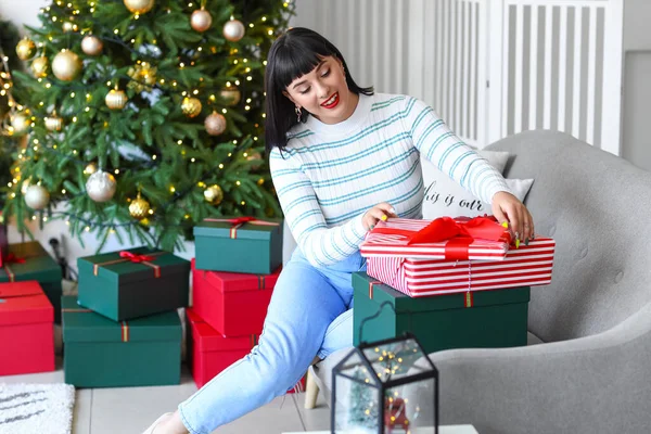 Beautiful Young Woman Christmas Gifts Home — Stock Photo, Image
