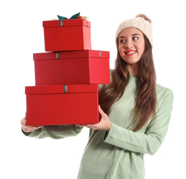 Beautiful Young Woman Christmas Gifts White Background — Stock Photo, Image