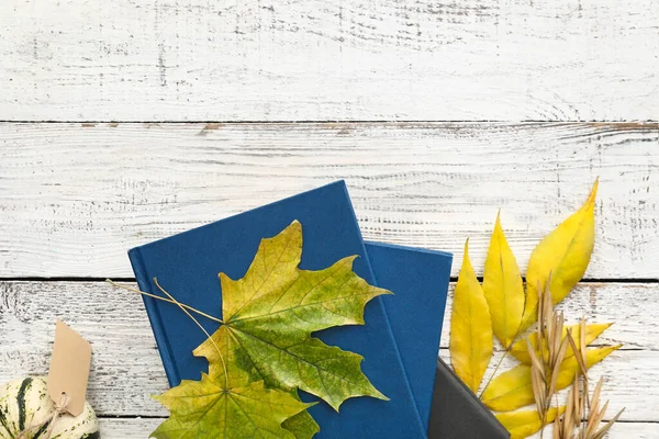 Hromada Knih Podzimní Listí Světle Dřevěném Pozadí Detailní Záběr — Stock fotografie
