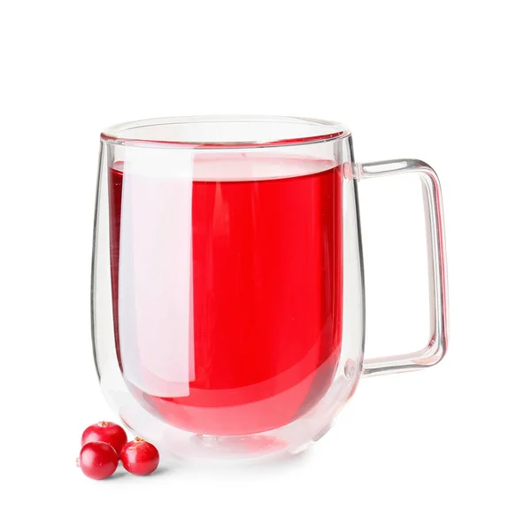 Glass Cup Tasty Lingonberry Tea White Background — Stock Photo, Image
