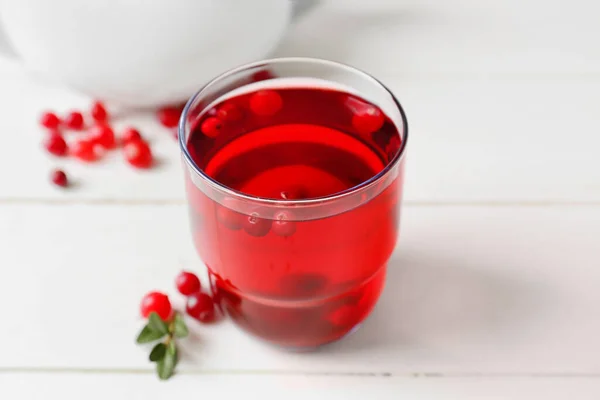 Glass Tasty Lingonberry Tea White Wooden Background — Stock Photo, Image