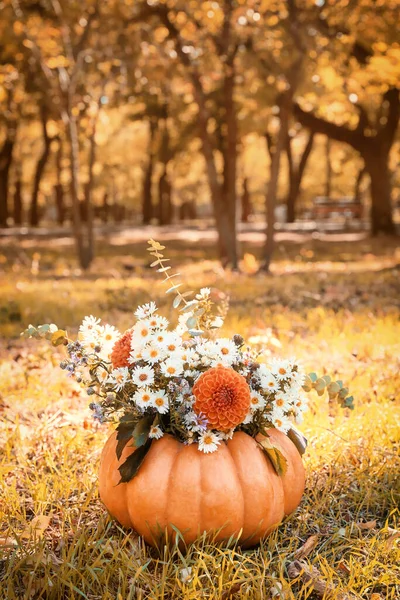 Beautiful Bouquet Autumn Flowers Pumpkin Outdoors — Stock Photo, Image