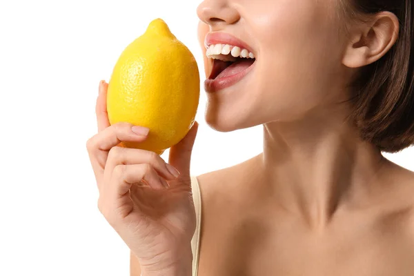 Young Woman Lemon White Background Closeup Vegan Day Stock Image
