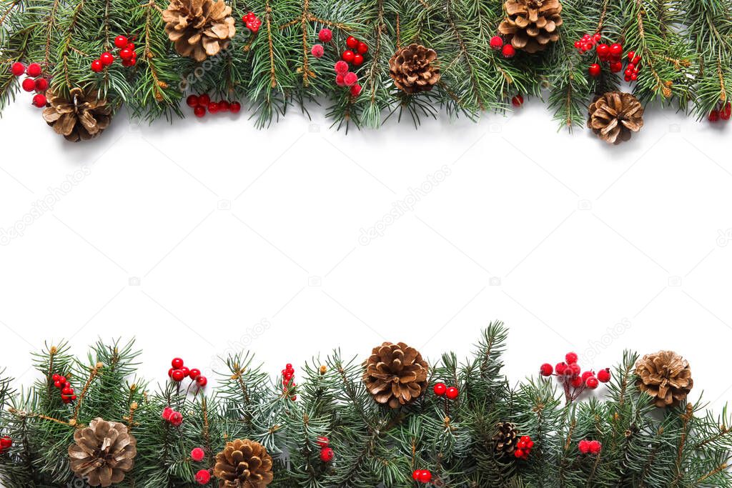Christmas fir branches and pine cones on white background