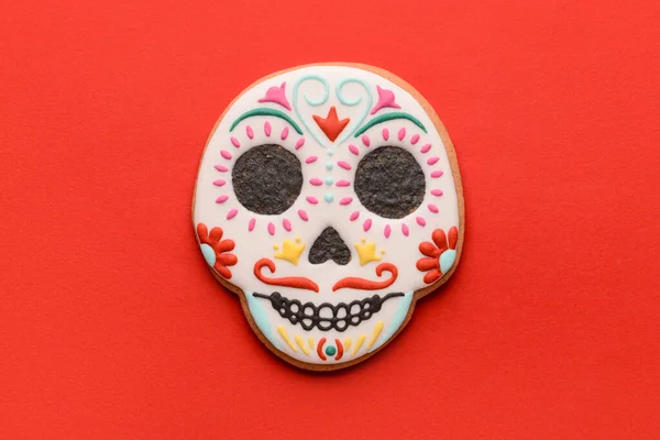Skull Shaped Cookie Red Background Dia Muertos — Stock Photo, Image