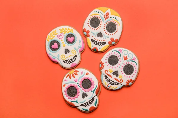 Skull Shaped Cookies Red Background Dia Muertos — Stock Photo, Image