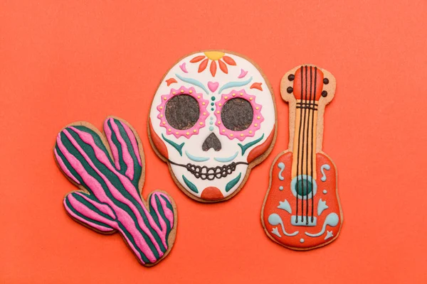 Cookies Shape Skull Guitar Cactus Red Background Dia Muertos — Stock Photo, Image