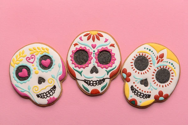 Skull Shaped Cookies Pink Background Dia Muertos — Stock Photo, Image