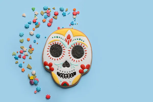 Skull Shaped Cookie Topping Blue Background Dia Muertos — Stock Photo, Image