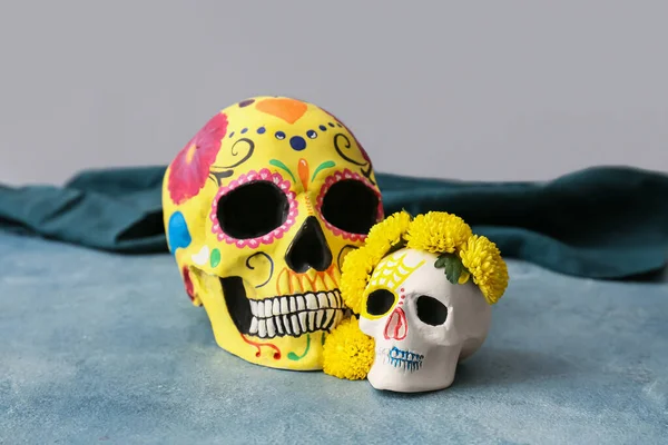 Painted Human Skulls Mexico Day Dead Dia Muertos Flowers Light — Stock Photo, Image