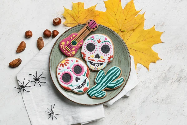 Table Setting Cookies Mexico Day Dead Dia Muertos White Background — Stock Photo, Image