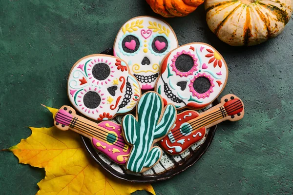 Plate Cookies Mexico Day Dead Dia Muertos Green Background — Stock Photo, Image