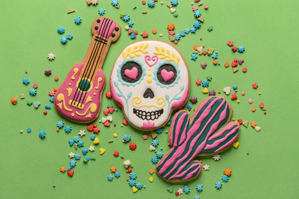 Cookies Shape Skull Cactus Guitar Topping Green Background Dia Muertos — Stock Photo, Image