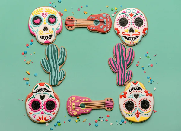 Frame Made Cookies Topping Blue Background Dia Muertos — Stock Photo, Image