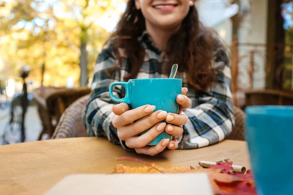 Woman Blue Cup Hot Tea Table Cafe — Stock Photo, Image