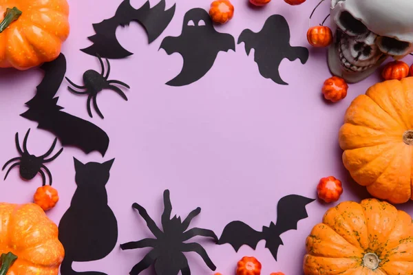 Rámeček Halloweenské Výzdoby Dýně Fialovém Pozadí — Stock fotografie