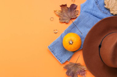 Şık kadın kotu, keçeli şapka, mücevher ve arka planda sonbahar dekoru.