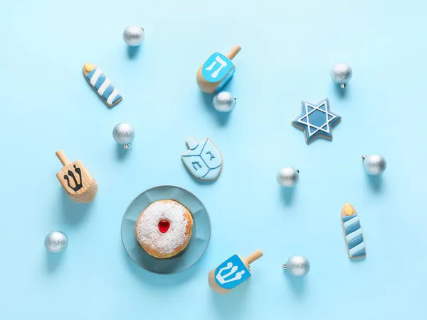 Symbols Hanukkah Christmas Decor Color Background — Stock Photo, Image