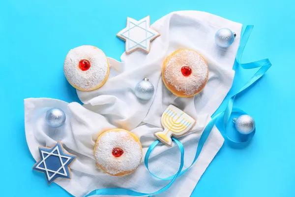 Cookies Sufganiyah Donuts Hanukkah Celebration Christmas Decor Color Background — Stock Photo, Image