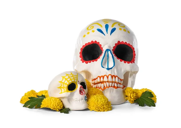 Painted Human Skulls Mexico Day Dead Dia Muertos Flowers White — Stock Photo, Image