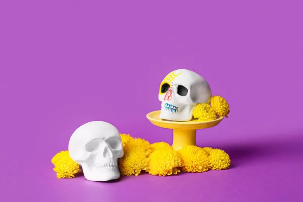 Human Skulls Flowers Violet Background Mexico Day Dead Dia Muertos — Stock Photo, Image