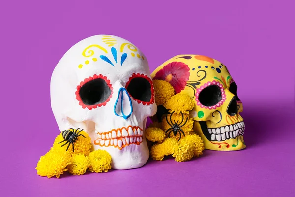 보라색 배경에 그려진 사람의 두개골 멕시코의 죽음의 Dia Muertos — 스톡 사진