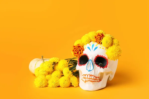 Painted Human Skull Mexico Day Dead Dia Muertos Pumpkin Flowers — Stock Photo, Image