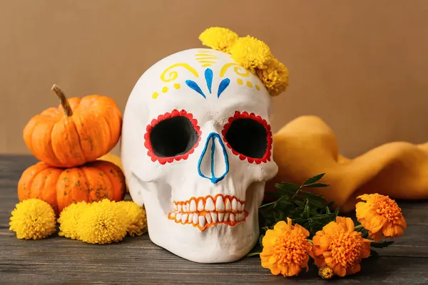 Painted Human Skull Flowers Pumpkins Dark Wooden Table Mexico Day — Stock Photo, Image