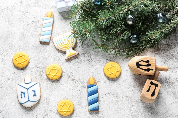 Cookies Hanukkah Celebration Dreidels Christmas Decor Grunge Background — Stock Photo, Image