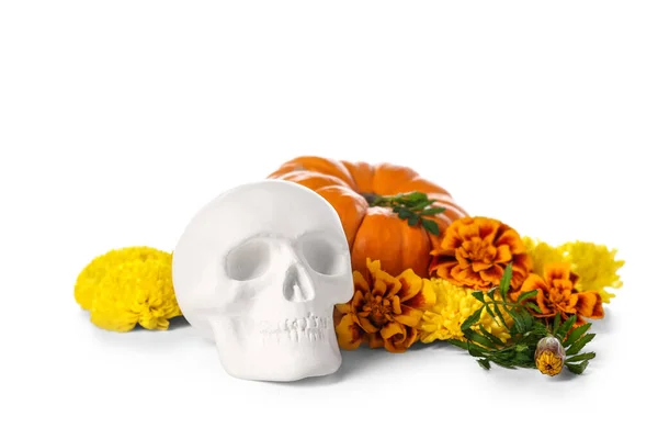Human Skull Mexico Day Dead Dia Muertos Flowers Pumpkin White — Stock Photo, Image