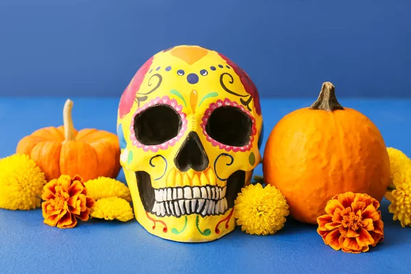 Painted Human Skull Mexico Day Dead Dia Muertos Pumpkins Flowers — Stock Photo, Image