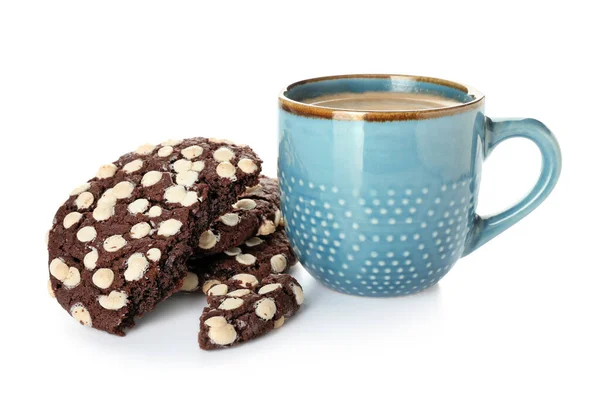 Tasty Homemade Cookies Chocolate Chips Cup Coffee White Background — Stock Photo, Image