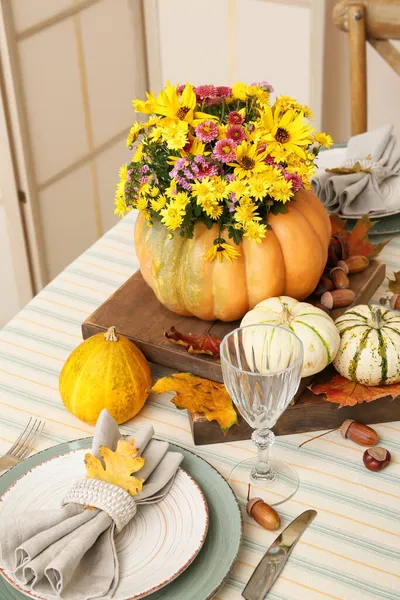 Beautiful Bouquet Autumn Flowers Pumpkin Served Table Royalty Free Stock Photos