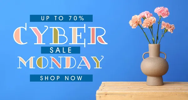 Ваза Красивими Квітами Гвоздик Текстом Cyber Monday Синьому Фоні — стокове фото