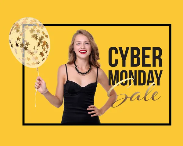 Hermosa Joven Con Globo Sobre Fondo Amarillo Cyber Monday Venta — Foto de Stock