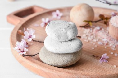 Beyaz arka planda çiçek açan dalları olan spa taşlı tepsi, yakın plan